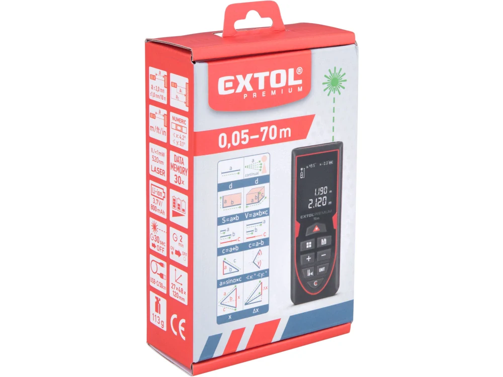 8820047 EXTOL Metr laserový 70M (zelený) s Li-ion baterií