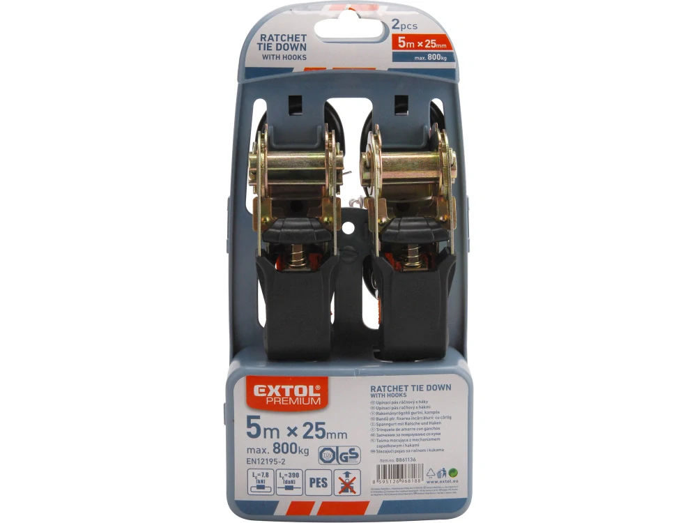 8861136 EXTOL pás upínací ráčnový s háky, 5m x 25mm, sada 2ks, max. 800kg