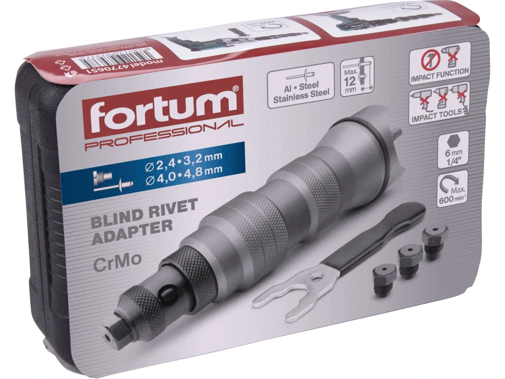 4770651 FORTUM Nástavec nýtovací na vrtačku, pro trhací nýty 2,4-4,8mm, CrMoV