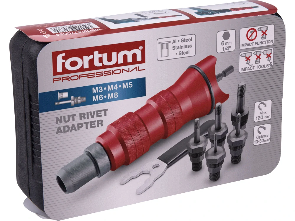4770654 FORTUM Nástavec nýtovací na vrtačku, pro nýtovací matice, CrMoV